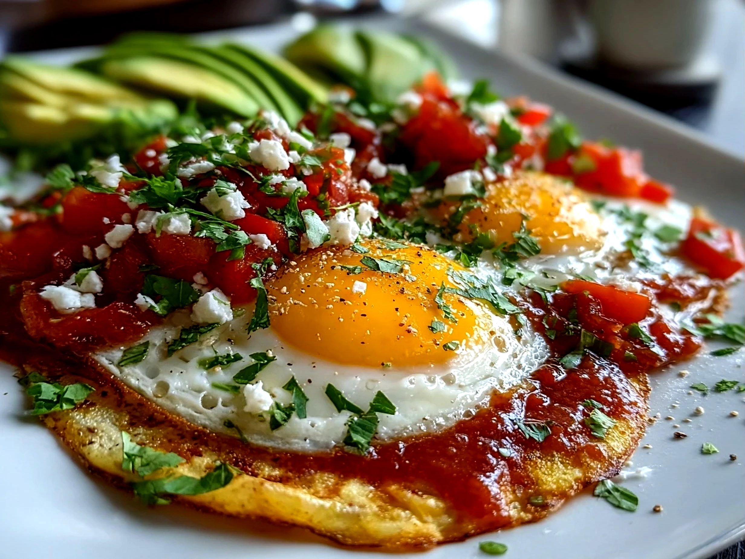 Close-up of freshly prepared Huevos Rancheros