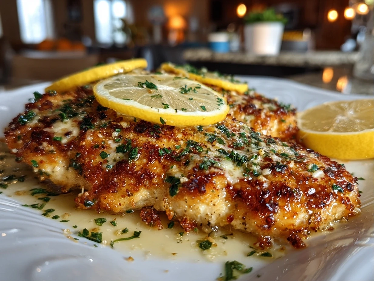 Close-up of freshly prepared Lemon Chicken Romano on white plate