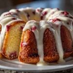 Close-up of freshly prepared White Chocolate Raspberry Bundt Cake