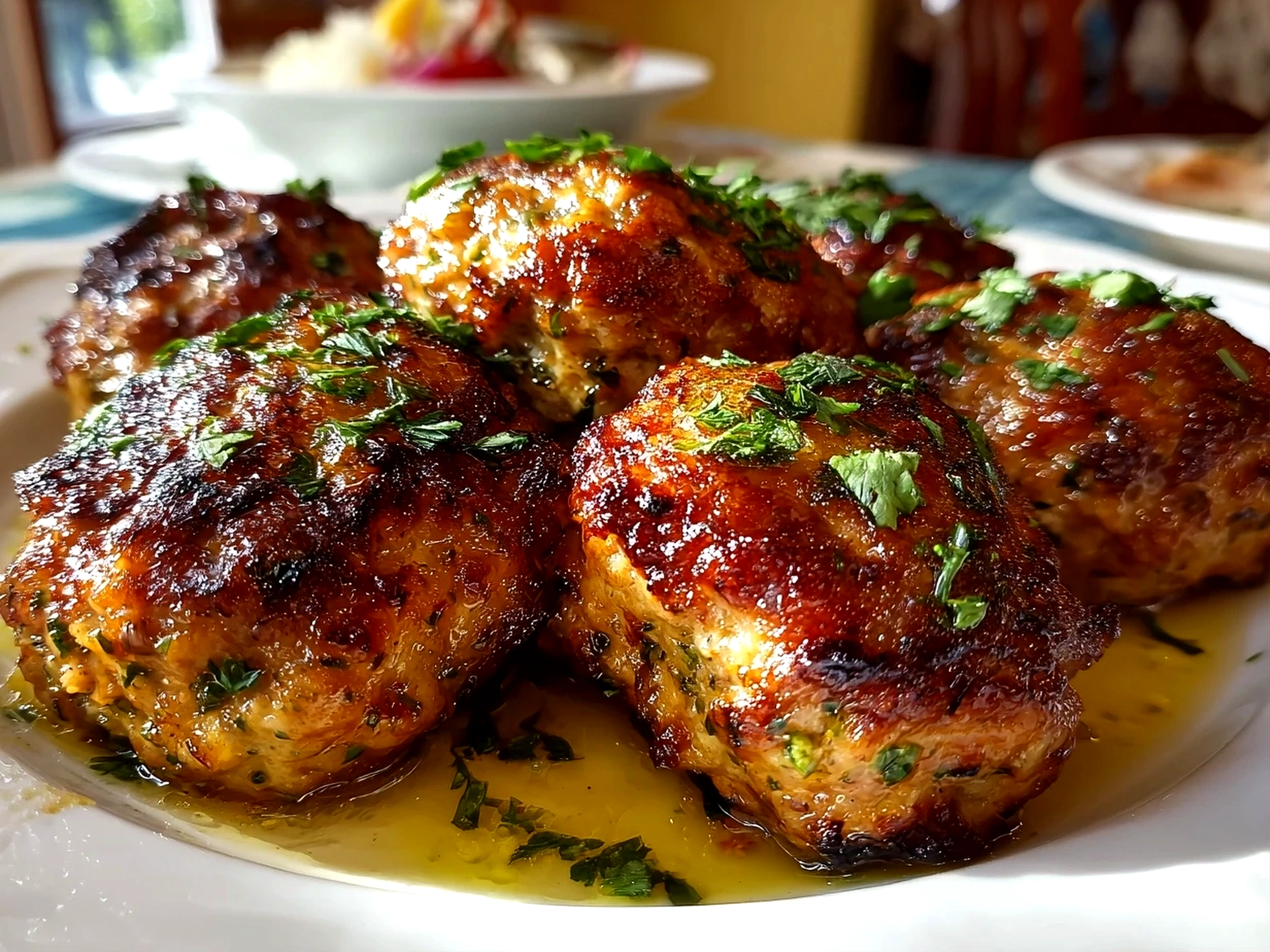 Close-up of homemade Chicken Kofta Meatballs with fresh herbs