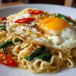 Close-up of Instant Noodles with Egg Butter Garlic