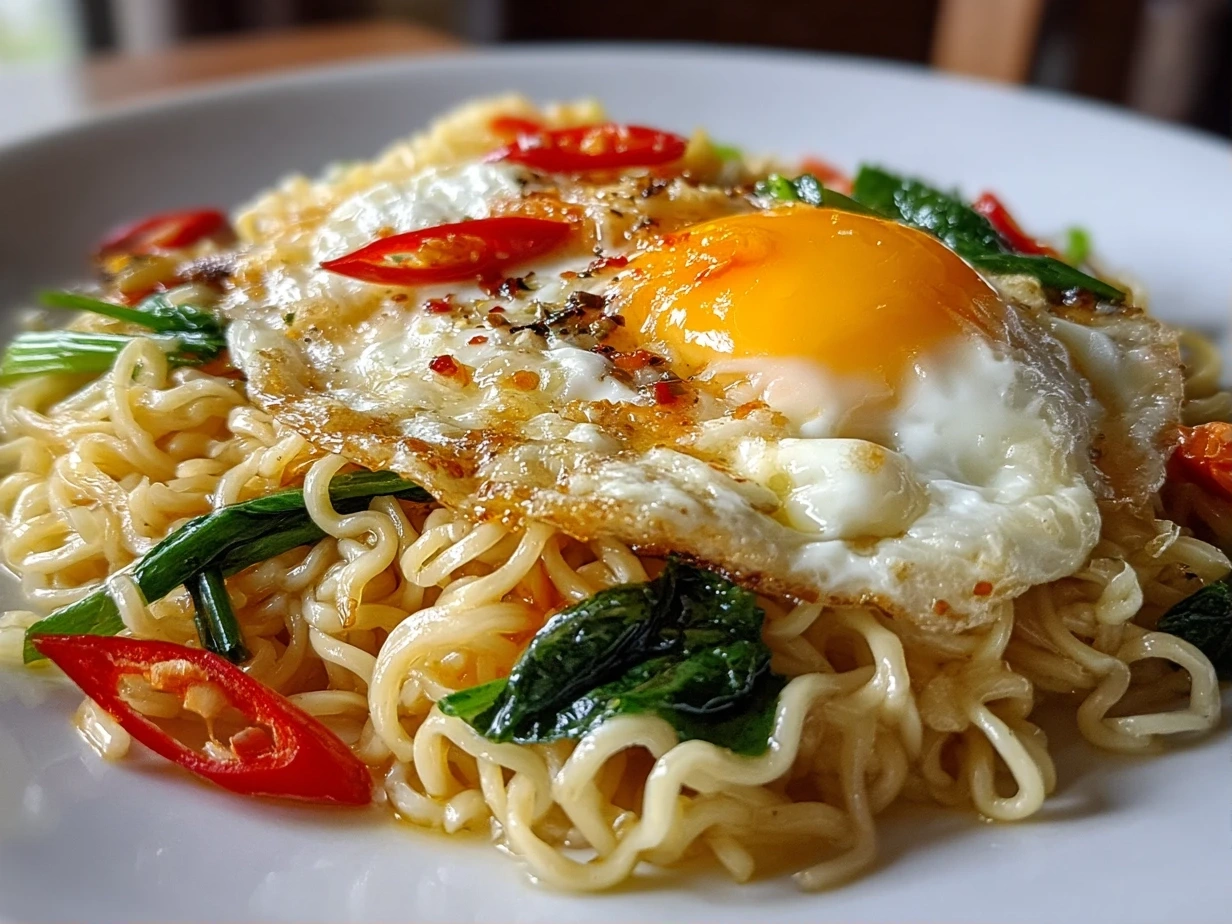 Close-up of Instant Noodles with Egg Butter Garlic