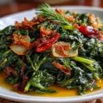 Close-up of steaming Southern turnip greens