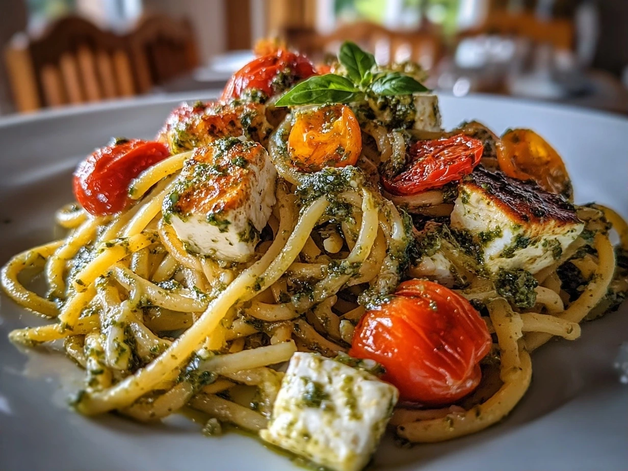 Close-up shot of TikTok Baked Feta Pasta with Pesto