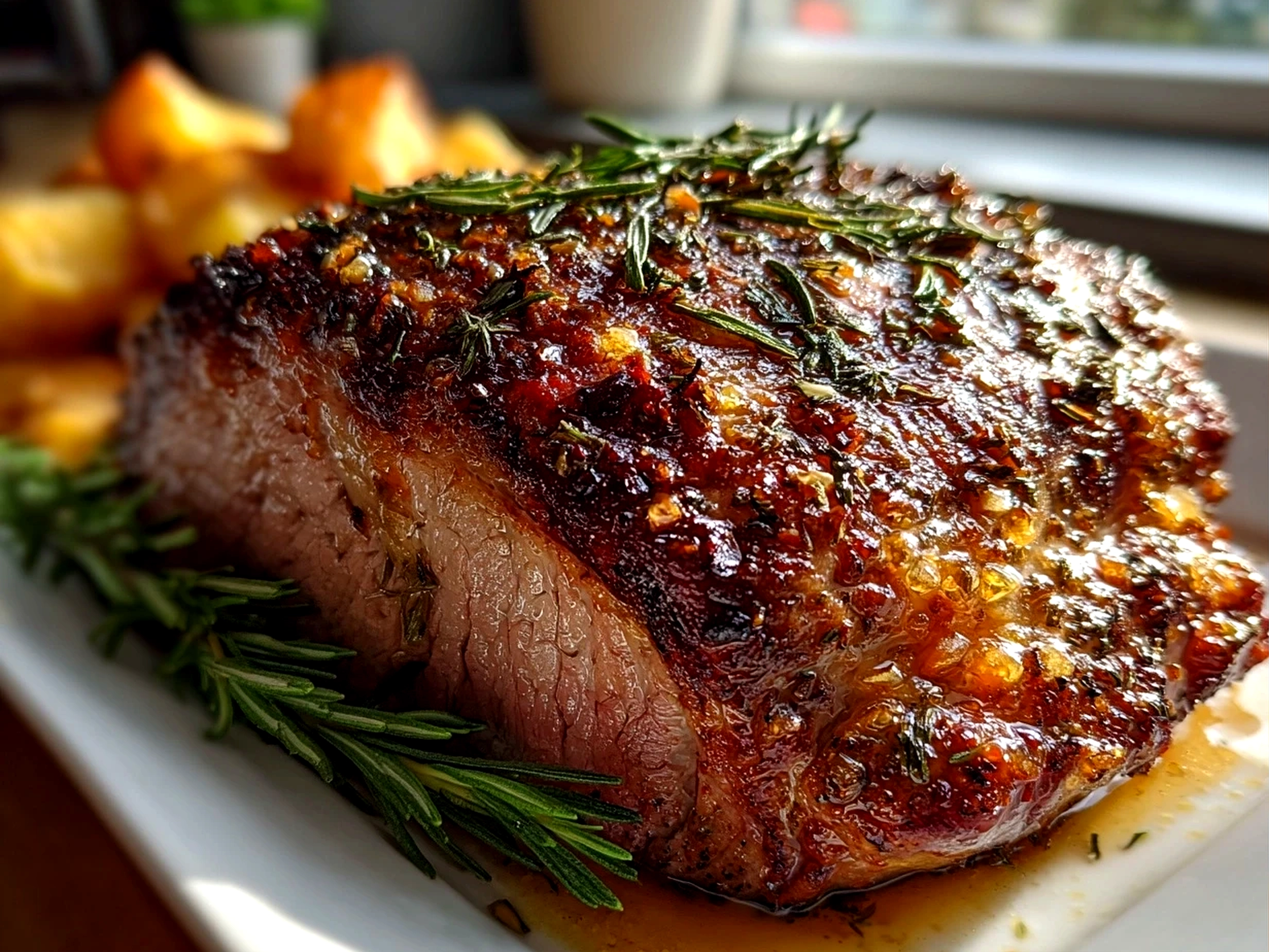 Comforting oven-roasted beef plated on white dish