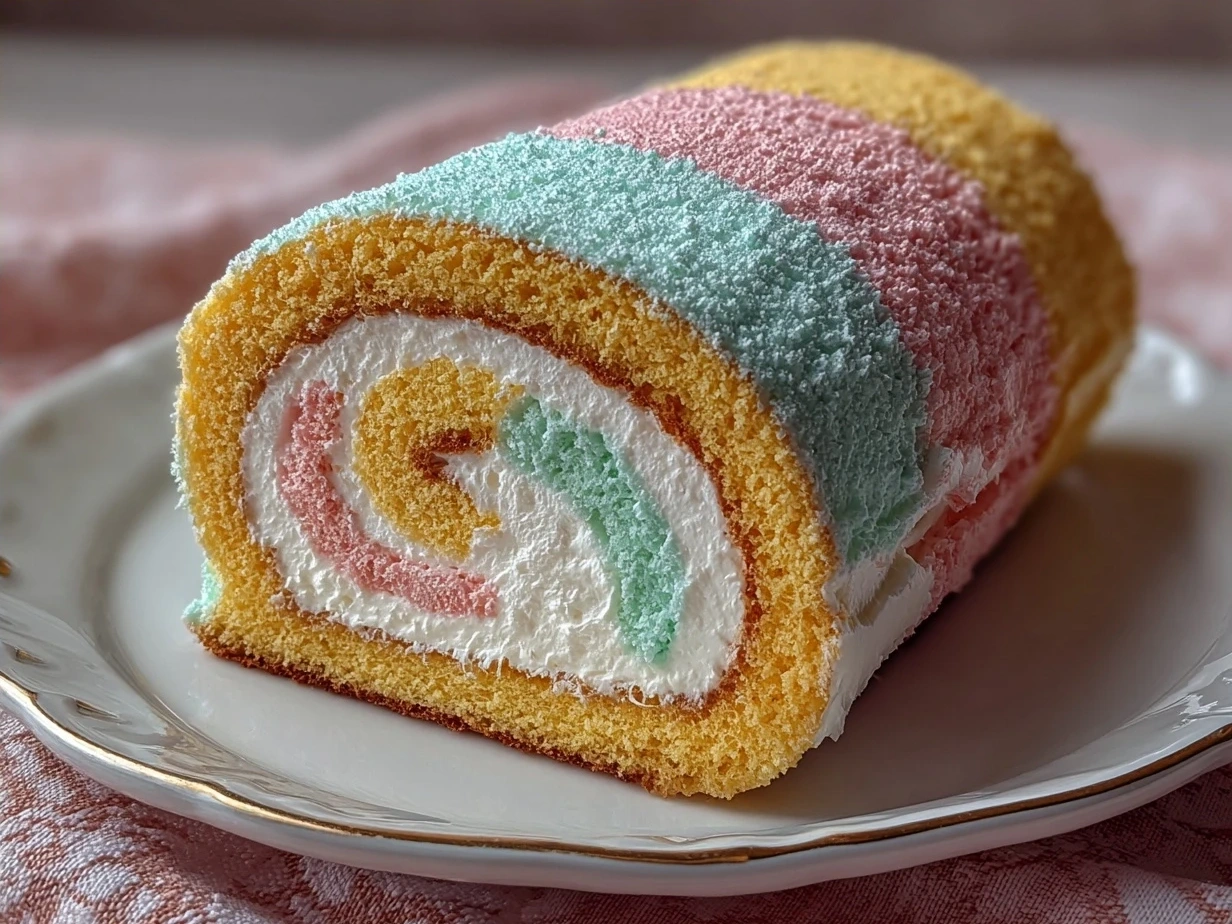 Finished Cotton Candy Swiss Cake Roll on a serving plate with fresh berries