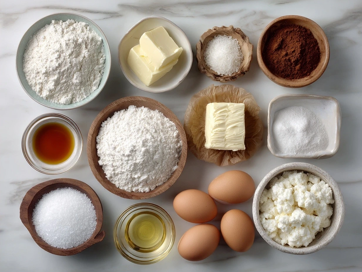 Ingredients for Cotton Candy Swiss Cake Roll laid out on a kitchen counter