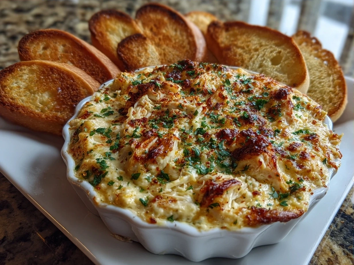 Crab dip recipe served warm with crackers and lemon wedges.
