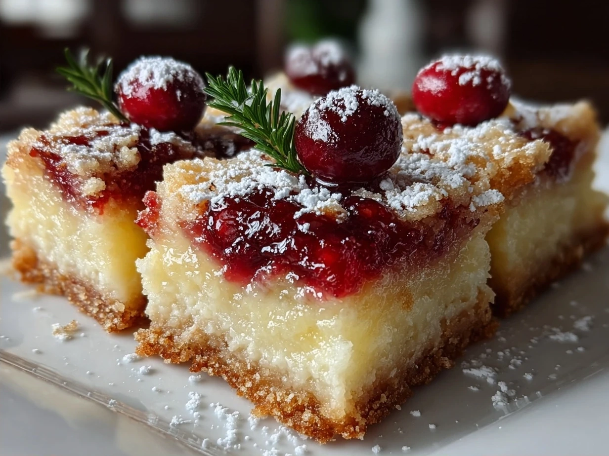 Finished Cranberry Lemon Bars dusted with powdered sugar on a white plate.