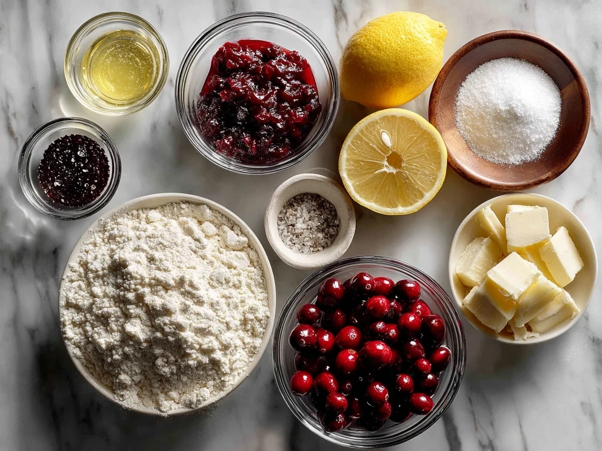 Ingredients for Cranberry Lemon Bars including flour, butter, sugar, eggs, lemons, and cranberries.
