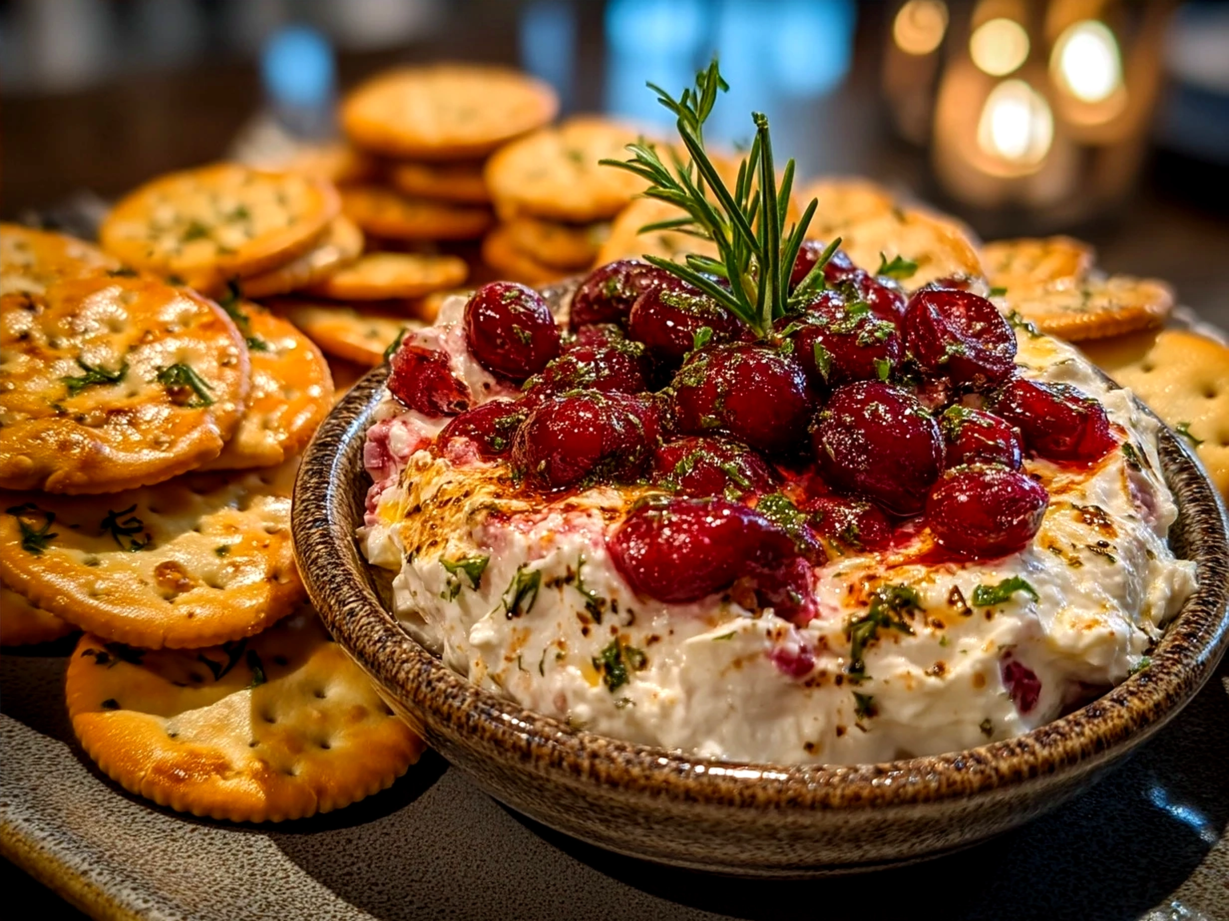 Cranberry Whipped Feta Dip with Crackers served with sliced apples and carrot sticks
