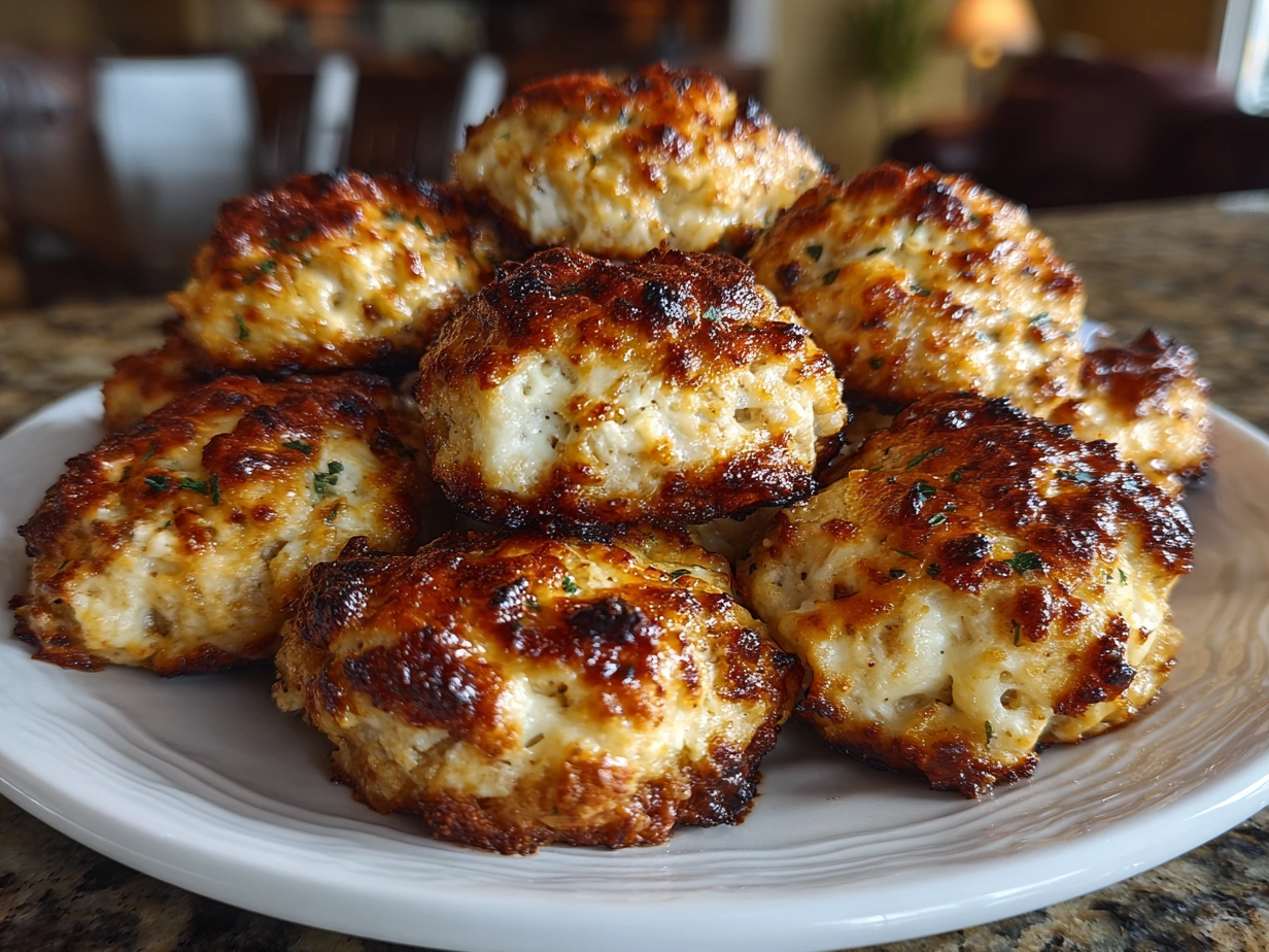 Final golden baked Cream Cheese Sausage Balls served on a plate