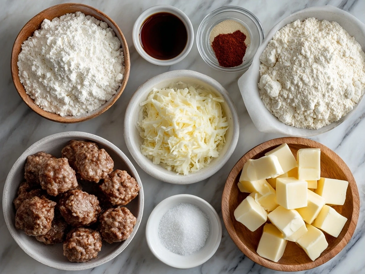 Ingredients for Cream Cheese Sausage Balls laid out on a kitchen counter