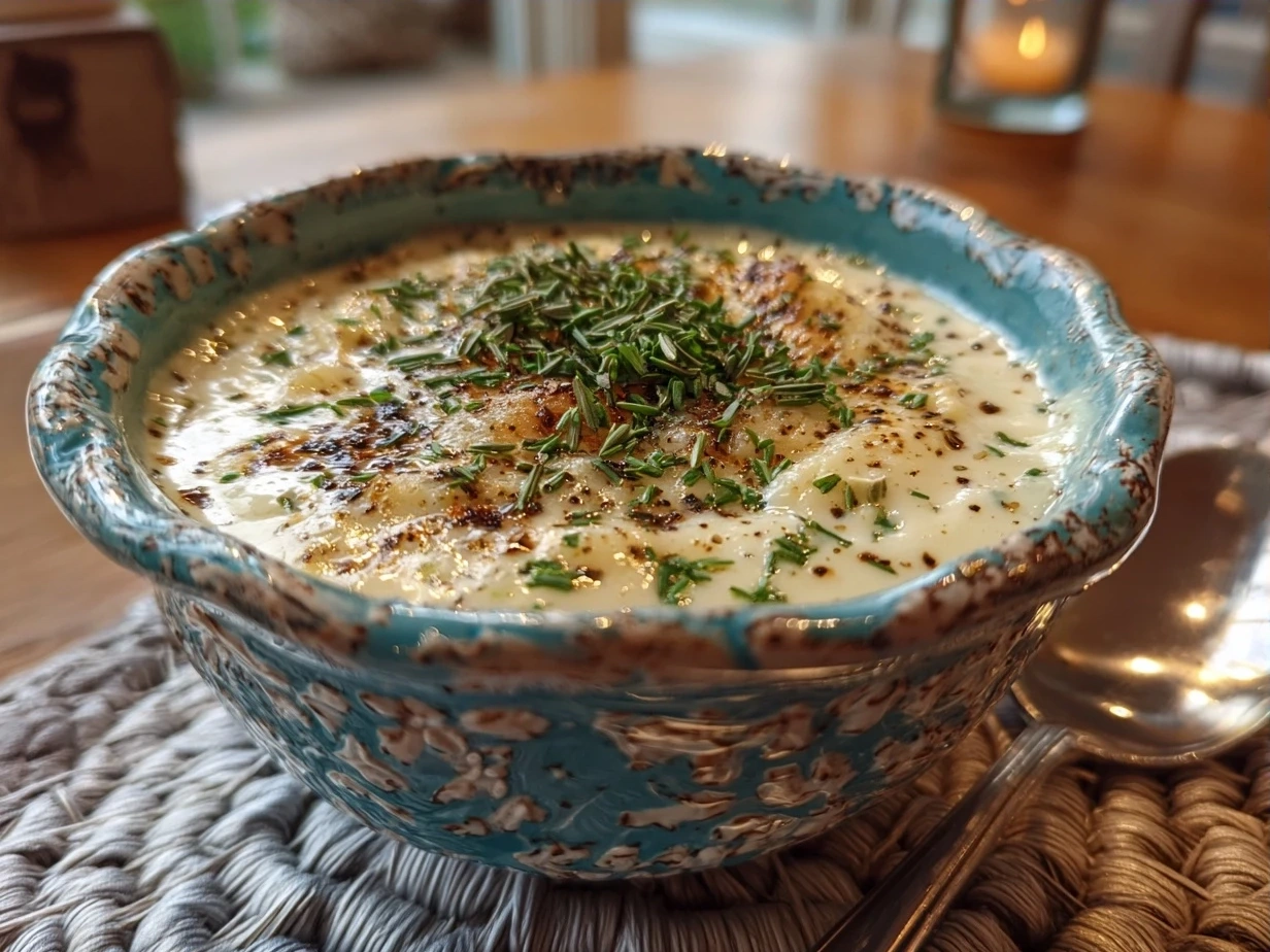 Bowl of creamy horseradish sauce garnished with fresh herbs ready to serve