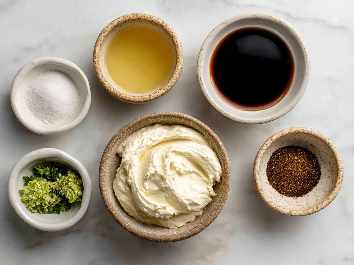 Ingredients for Creamy Horseradish Sauce recipe laid out on kitchen counter