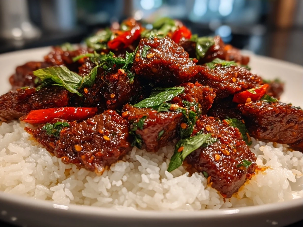 Finished Crispy Chilli Beef dish garnished with green onions and sesame seeds.