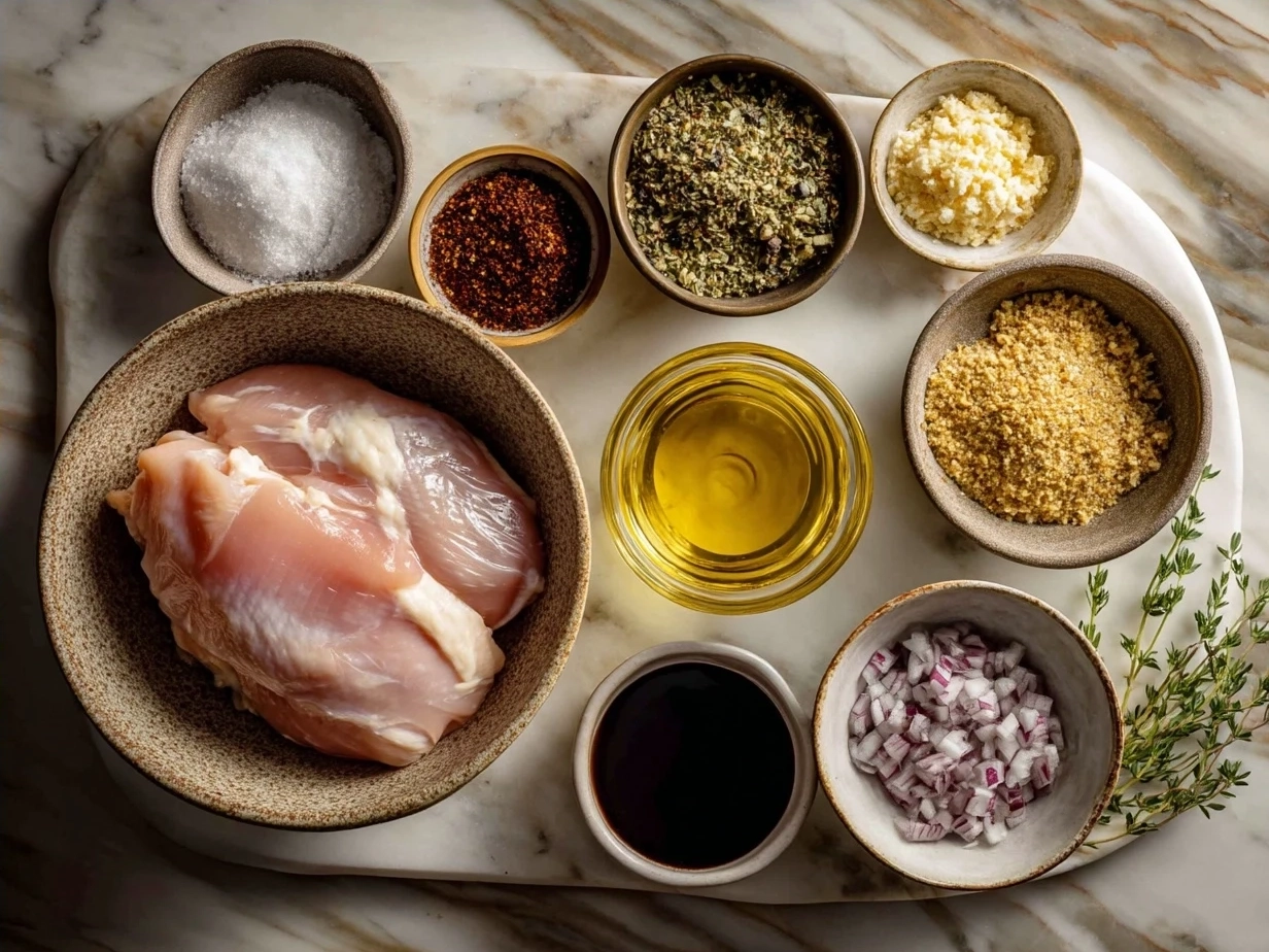 Ingredients for Crockpot BBQ Chicken neatly arranged on a kitchen counter