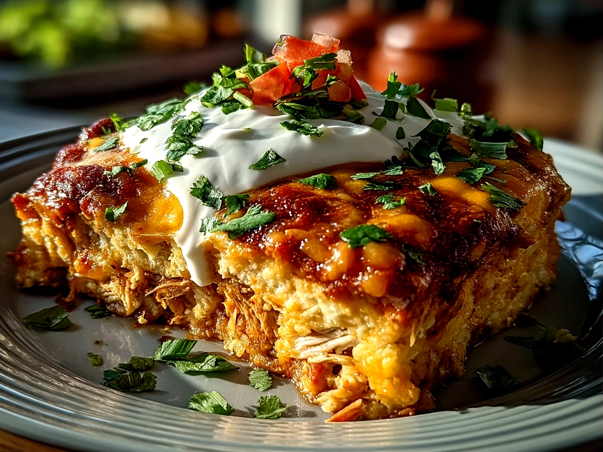 Served Crockpot Chicken Enchilada Casserole in colorful bowls with fresh cilantro garnish