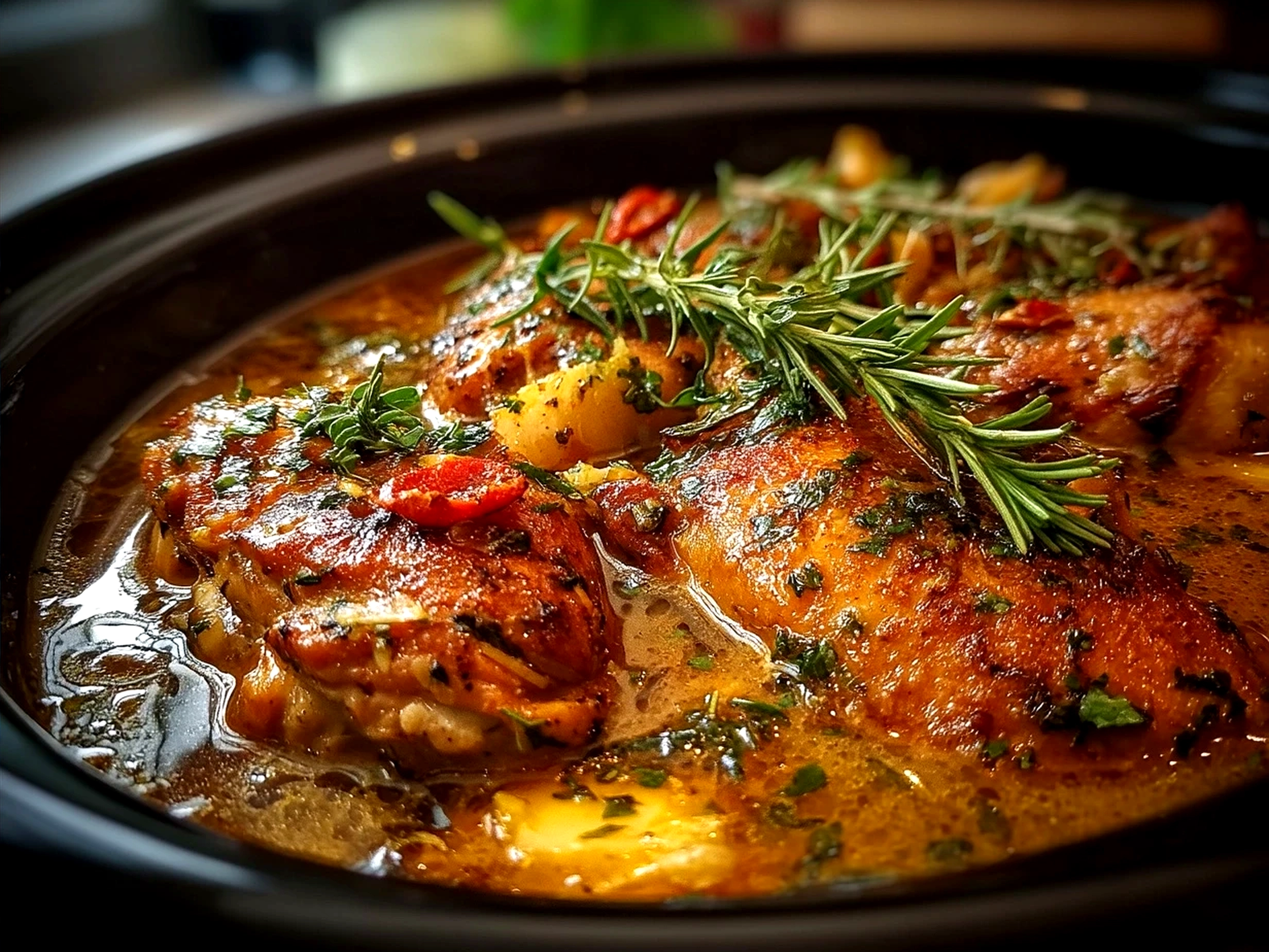 Serving of Crockpot Chicken Gravy over mashed potatoes with parsley garnish