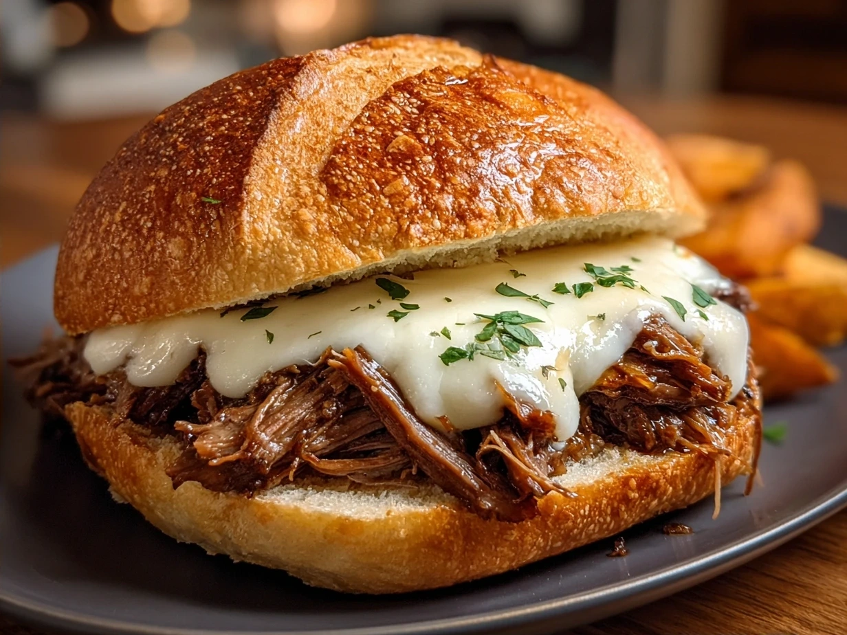 Delicious Crockpot French Dip Sandwiches served with melted cheese and au jus for dipping