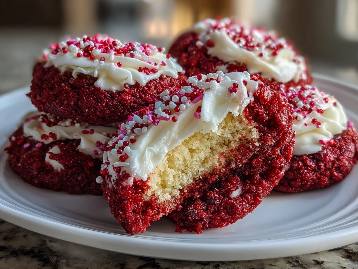 Delicious Red Velvet Sugar Cookies on white marble