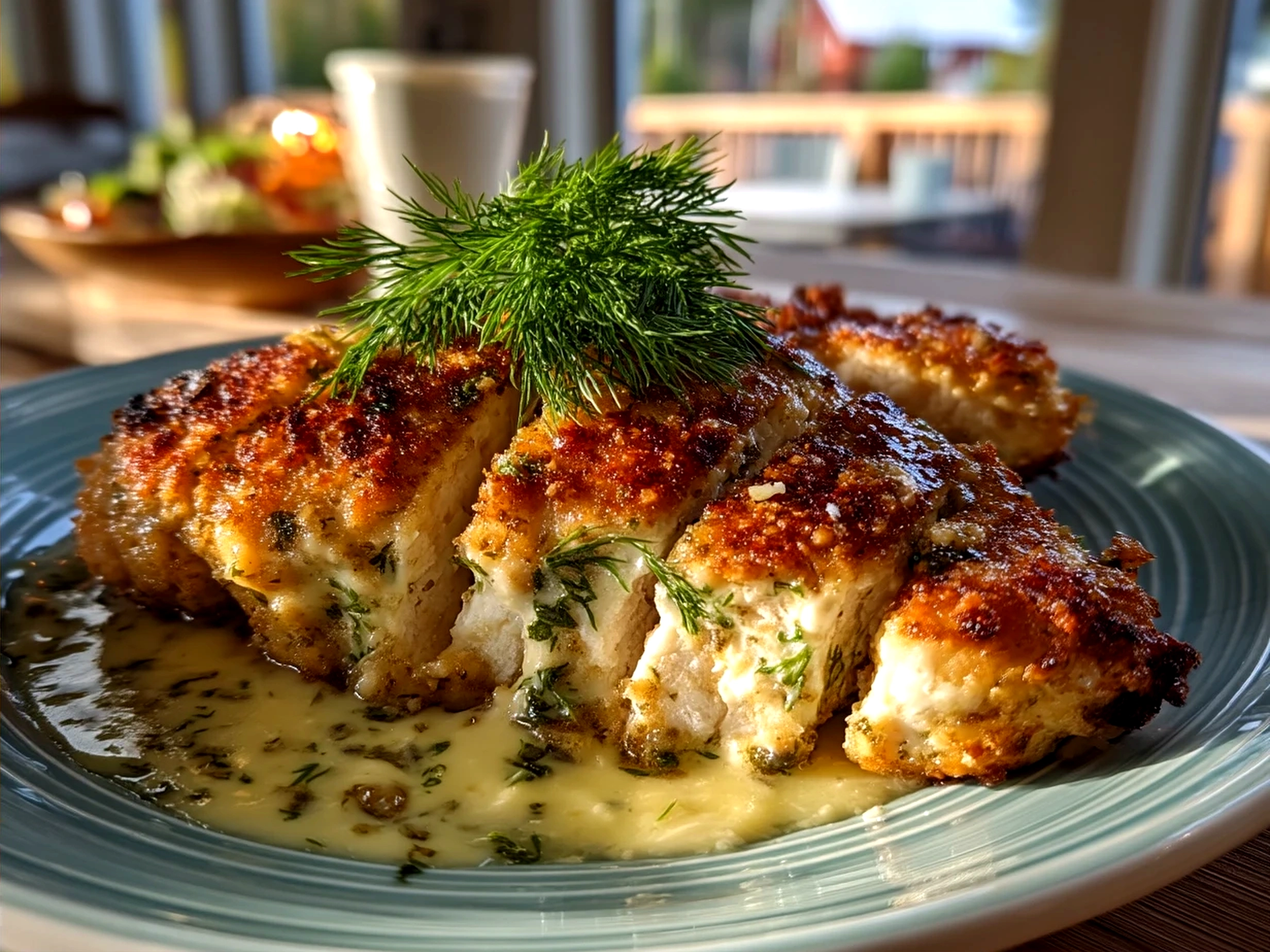 Served Dill Pickle Parmesan Chicken with side salad and vegetables, ready to eat