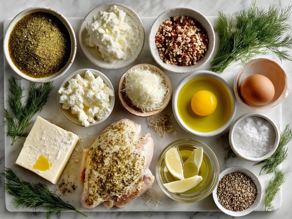 Ingredients for Dill Pickle Parmesan Chicken including chicken breasts, dill pickle chips, Parmesan cheese, and breadcrumbs