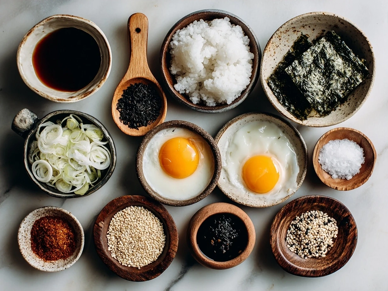 Ingredients for Easy Yaki Onigiri including cooked rice, soy sauce, sesame oil, mirin, nori and salt