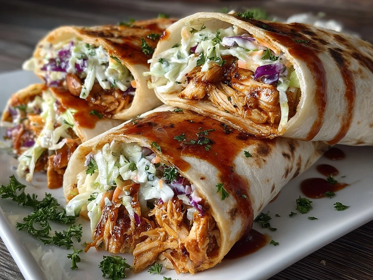 Enjoying BBQ Chicken and Coleslaw Wraps served on a plate.