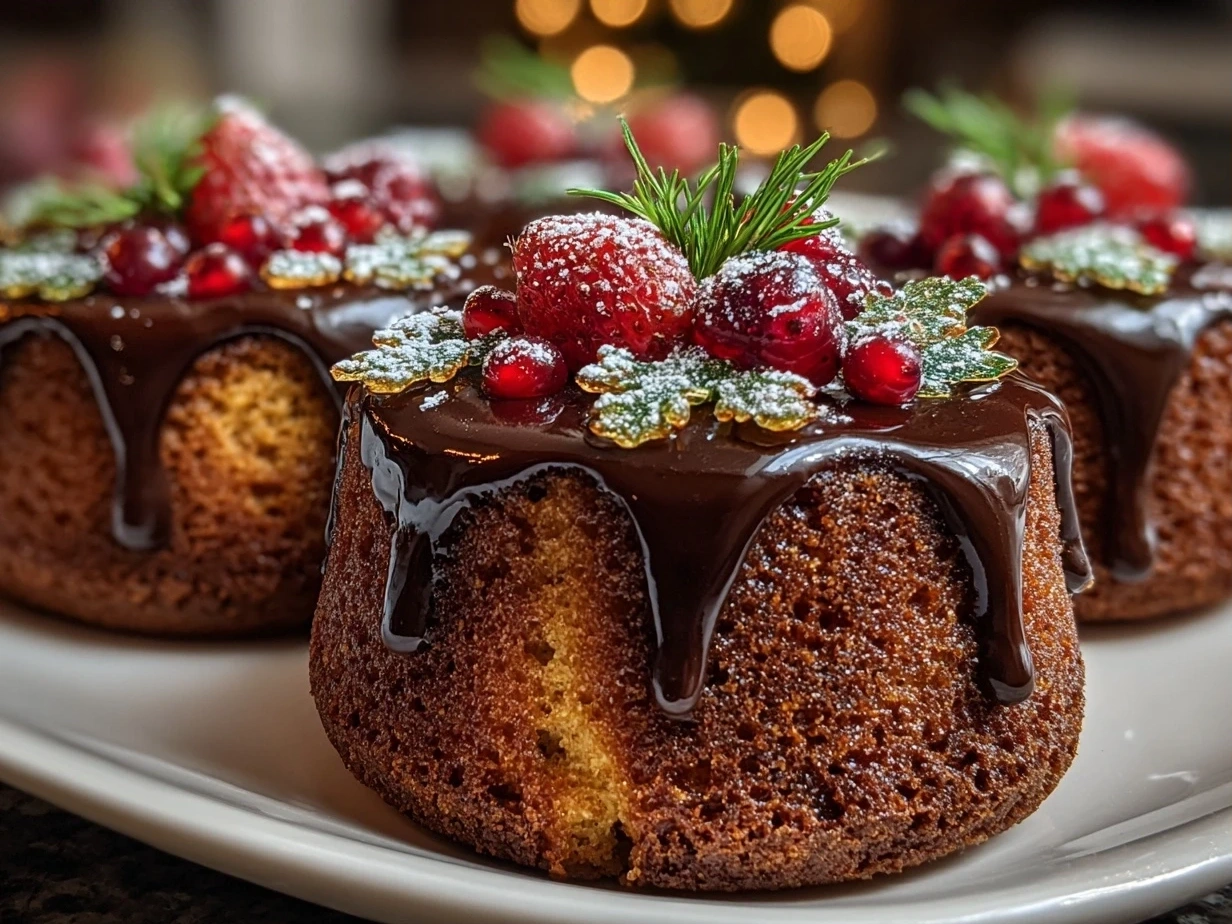 Festive Mini Christmas Cakes with Ganache beautifully decorated on a festive holiday plate