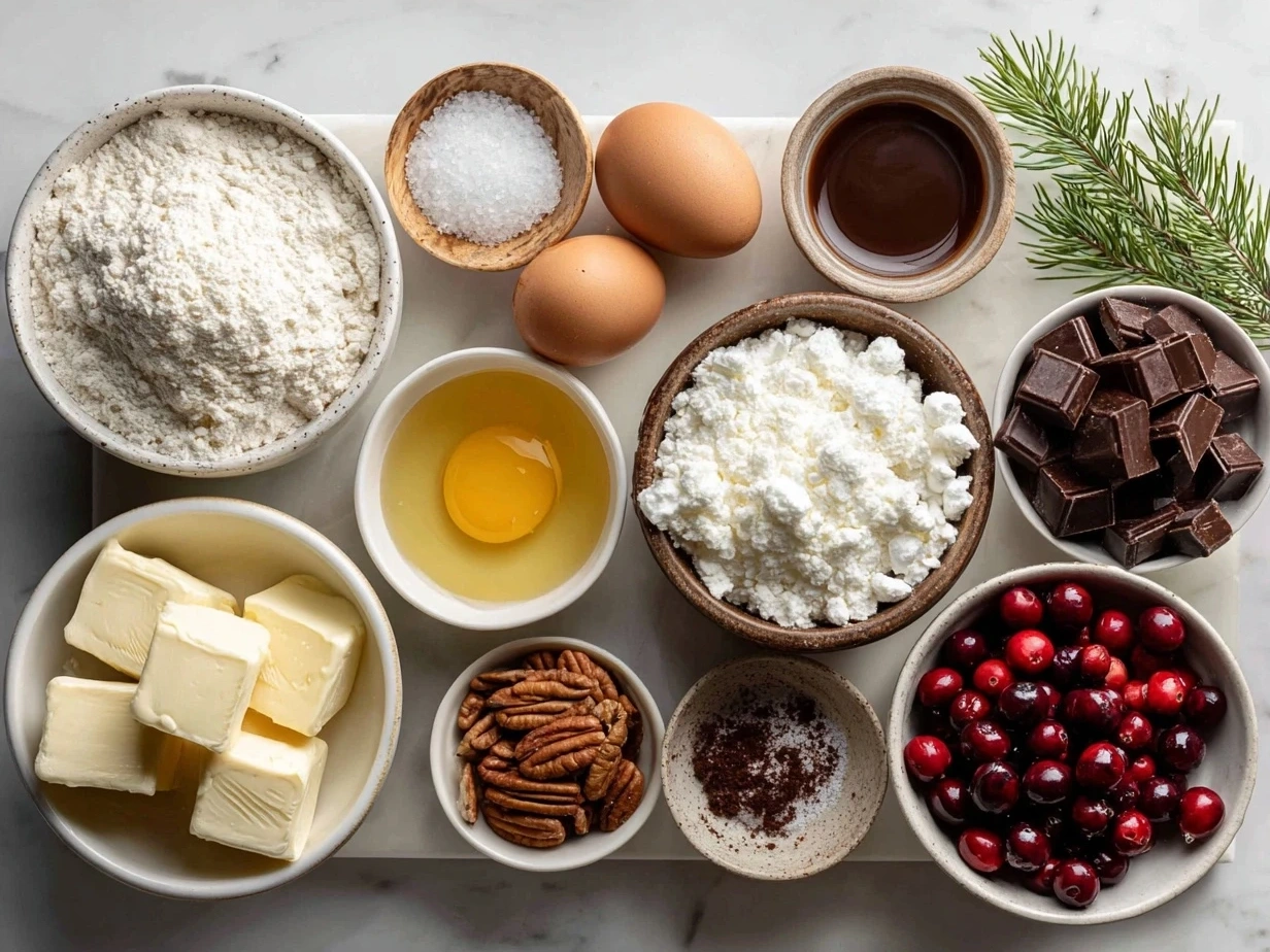 Ingredients for Festive Mini Christmas Cakes with Ganache laid out on a kitchen counter