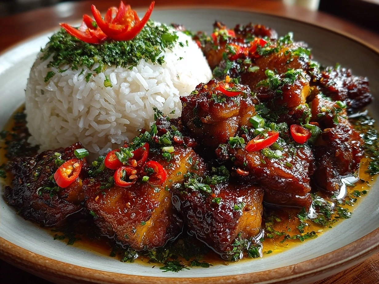 A plate of freshly made Filipino Chicken Adobo garnished and ready to serve