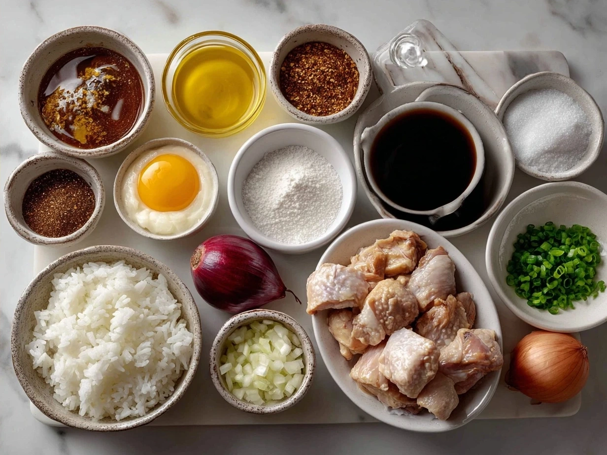 Ingredients for Filipino Chicken Adobo laid out on a kitchen counter including garlic, soy sauce, bay leaves, chicken thighs, vinegar, and peppercorns