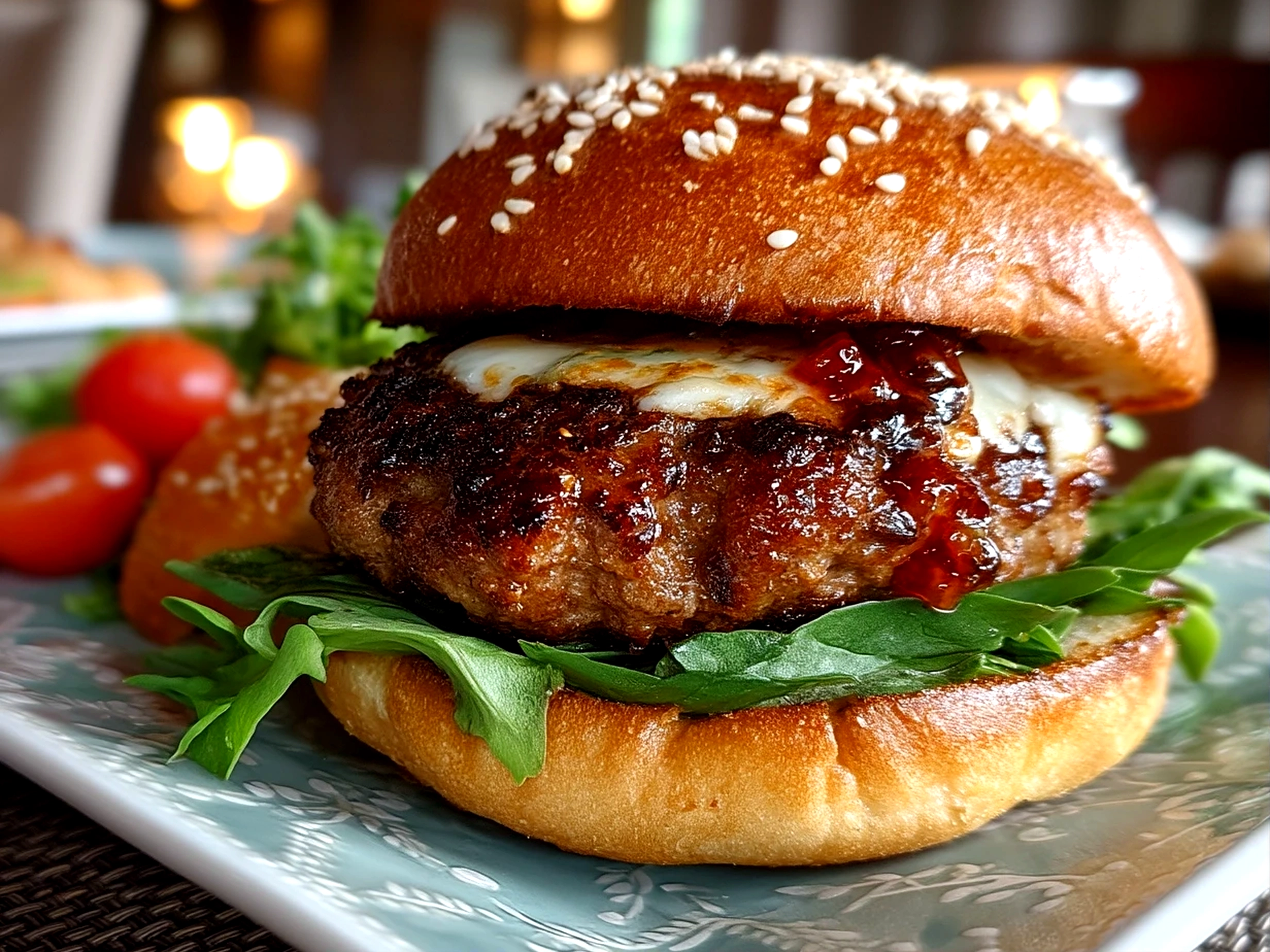 Close up of a finished delicious beef burger with lettuce, tomato, and cheese