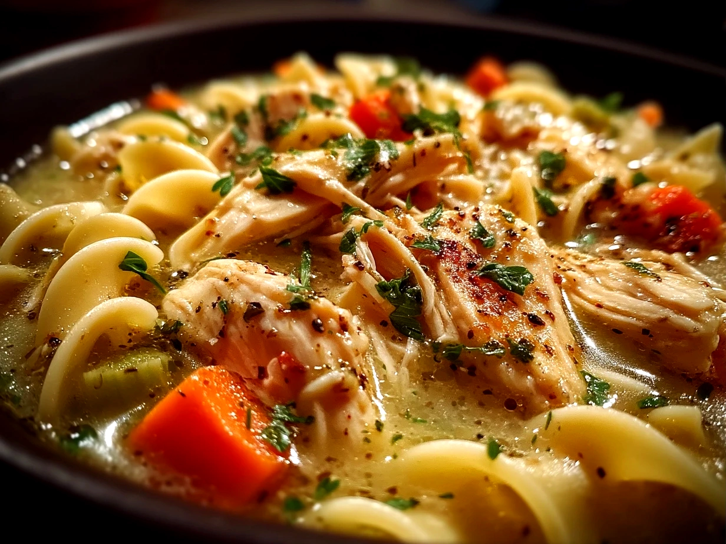 Bowl of finished Chick Fil A Chicken Noodle Soup served with fresh parsley on top