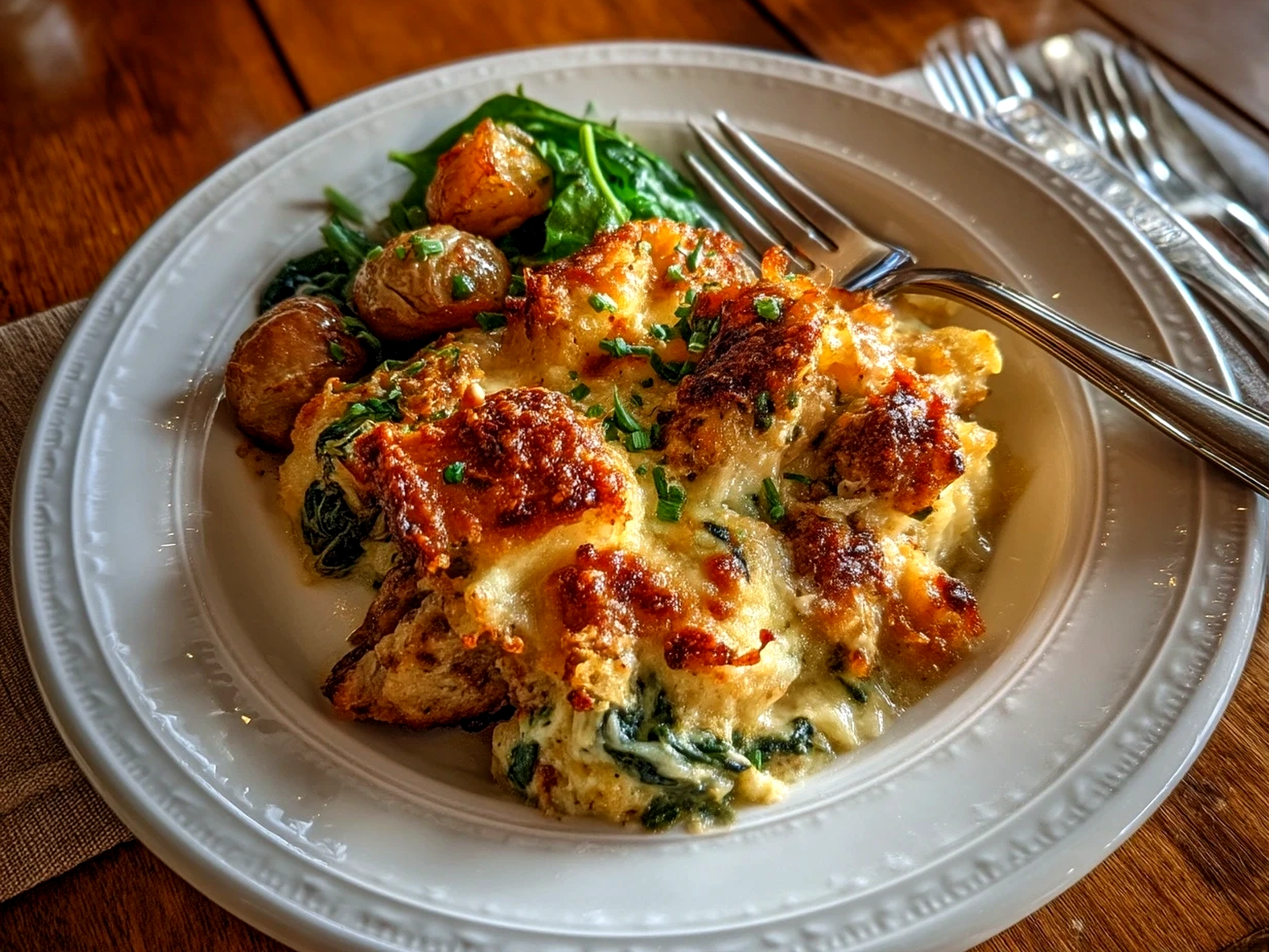 Close-up of a finished creamy chicken and spinach casserole with melted cheese and golden top