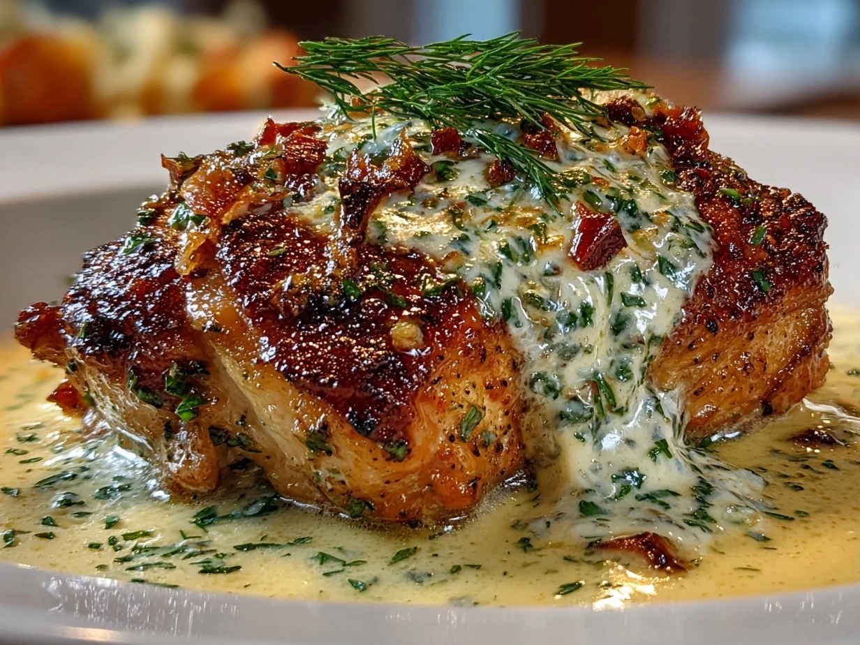 Finished chicken with boursin sauce dish, garnished with fresh parsley.