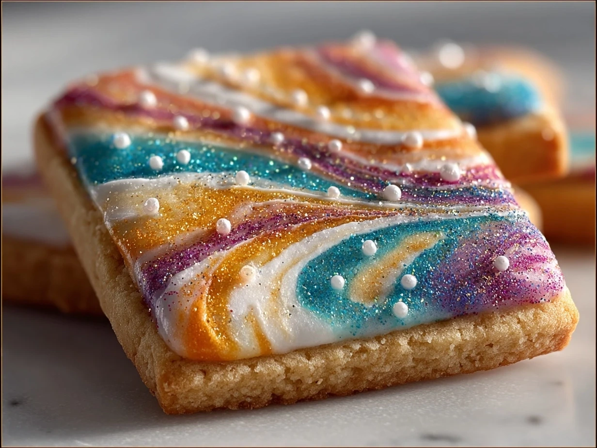 Close-up of finished colorful marbled sugar cookies displayed on a plate
