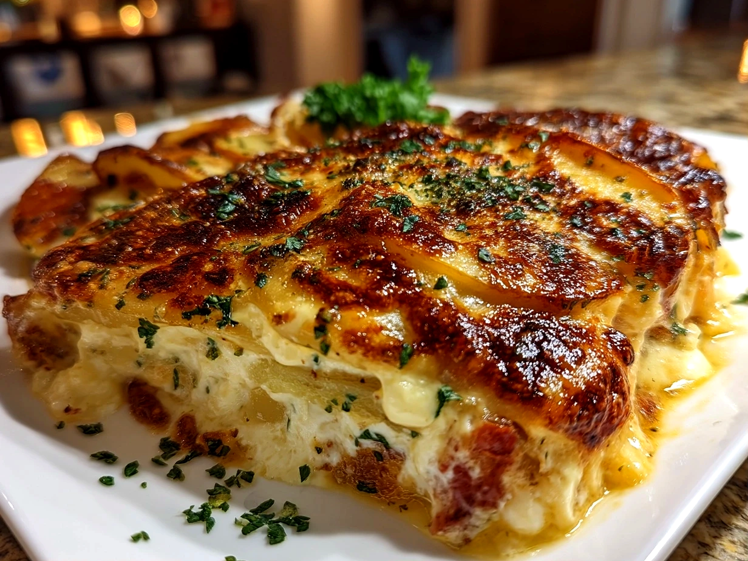 Close-up of finished creamy scalloped potatoes with surface shine