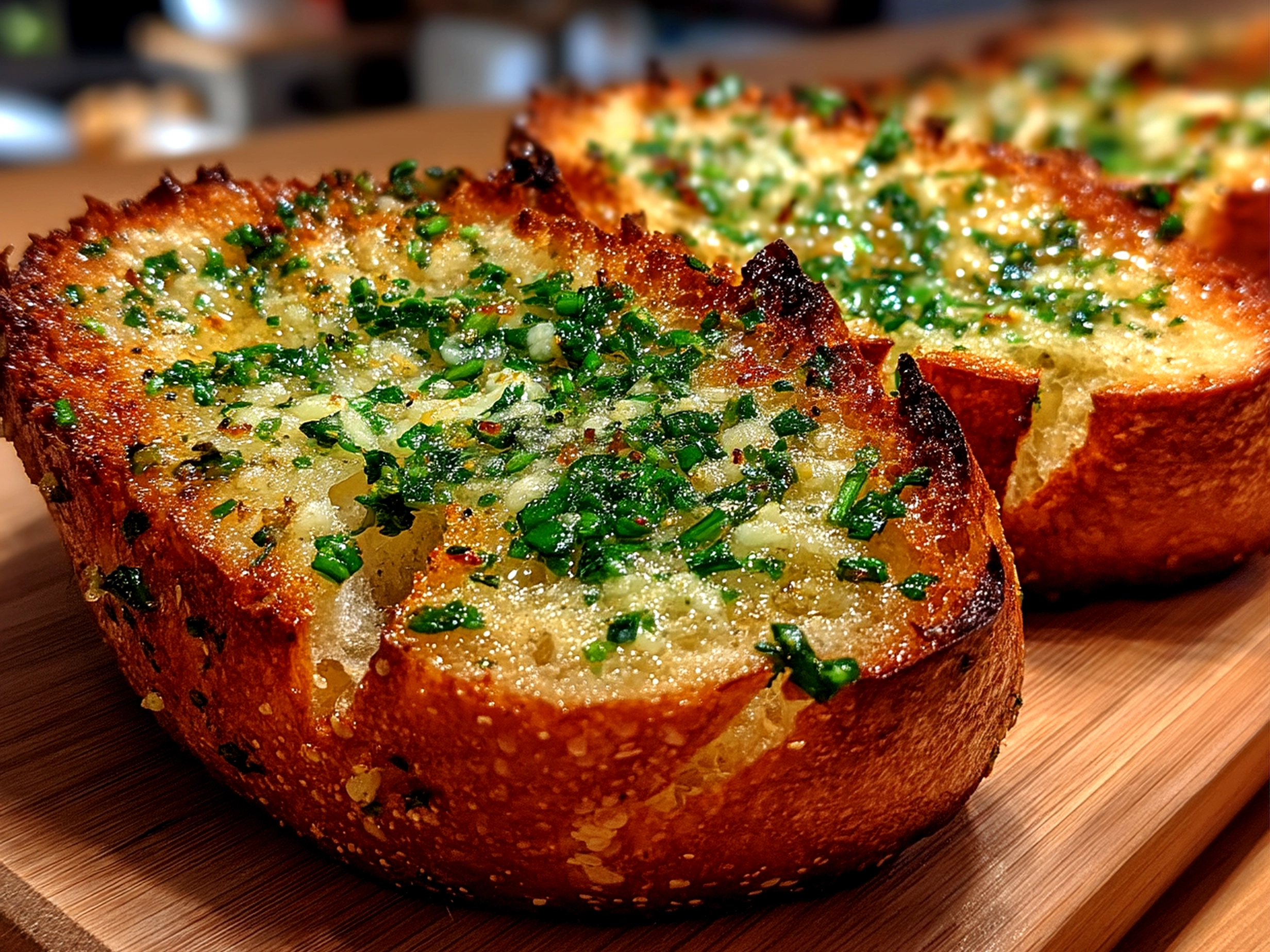 Close-up of finished garlic bread with a rich, inviting finish