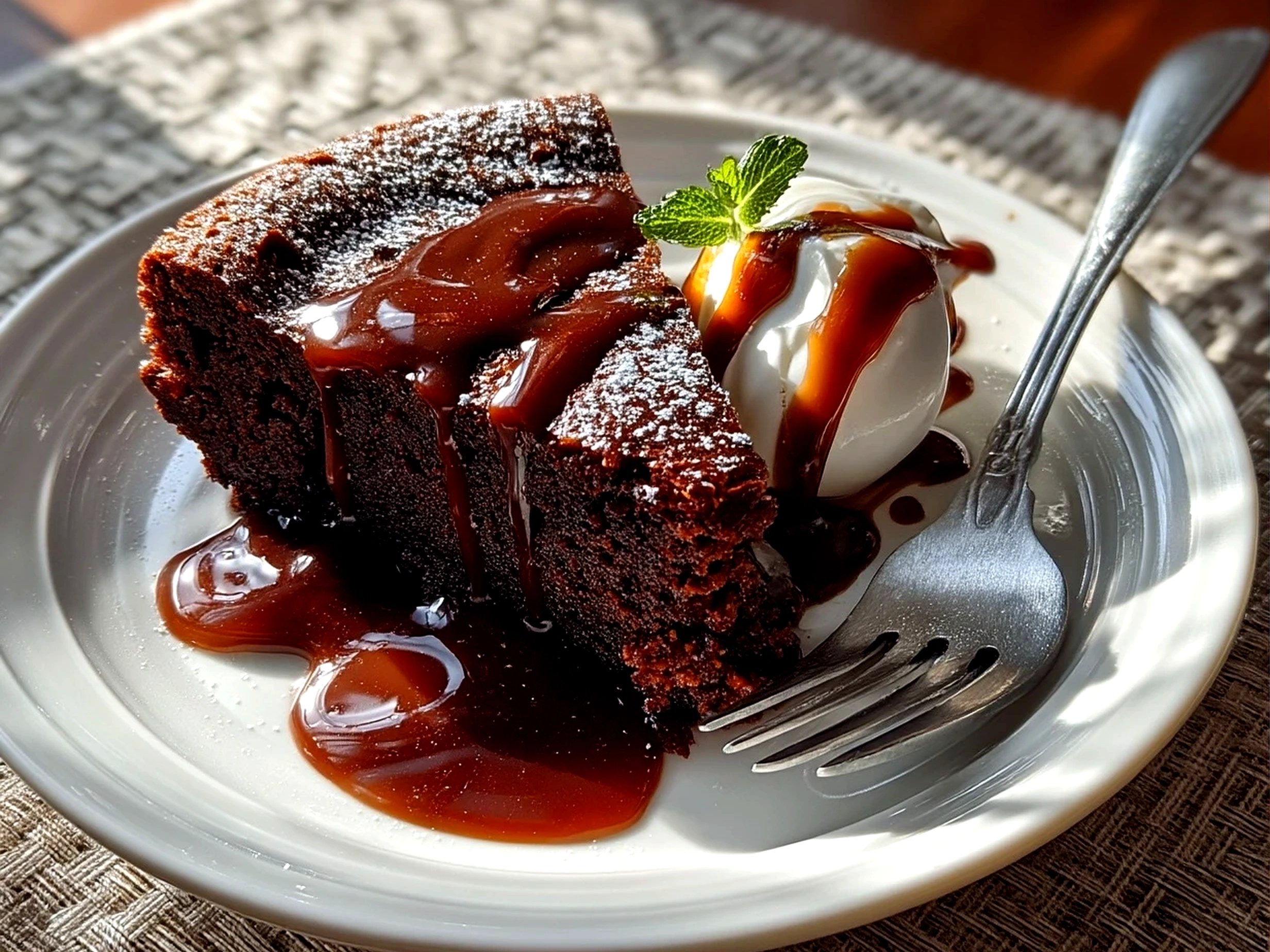 Close-up of a finished gooey chocolate cake with a melting chocolate center