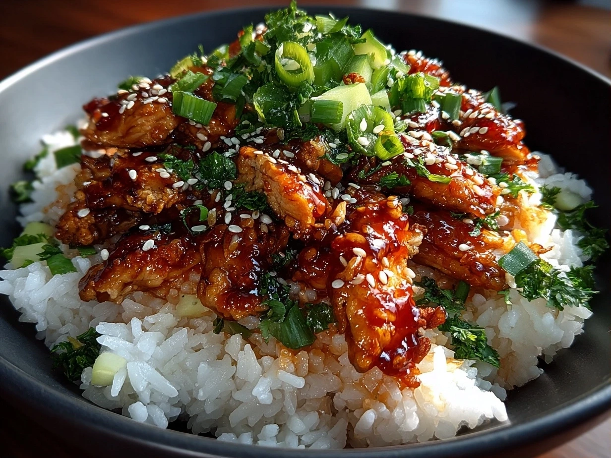 Close-up of finished Honey Sriracha Chicken Rice Bowl with garnishes