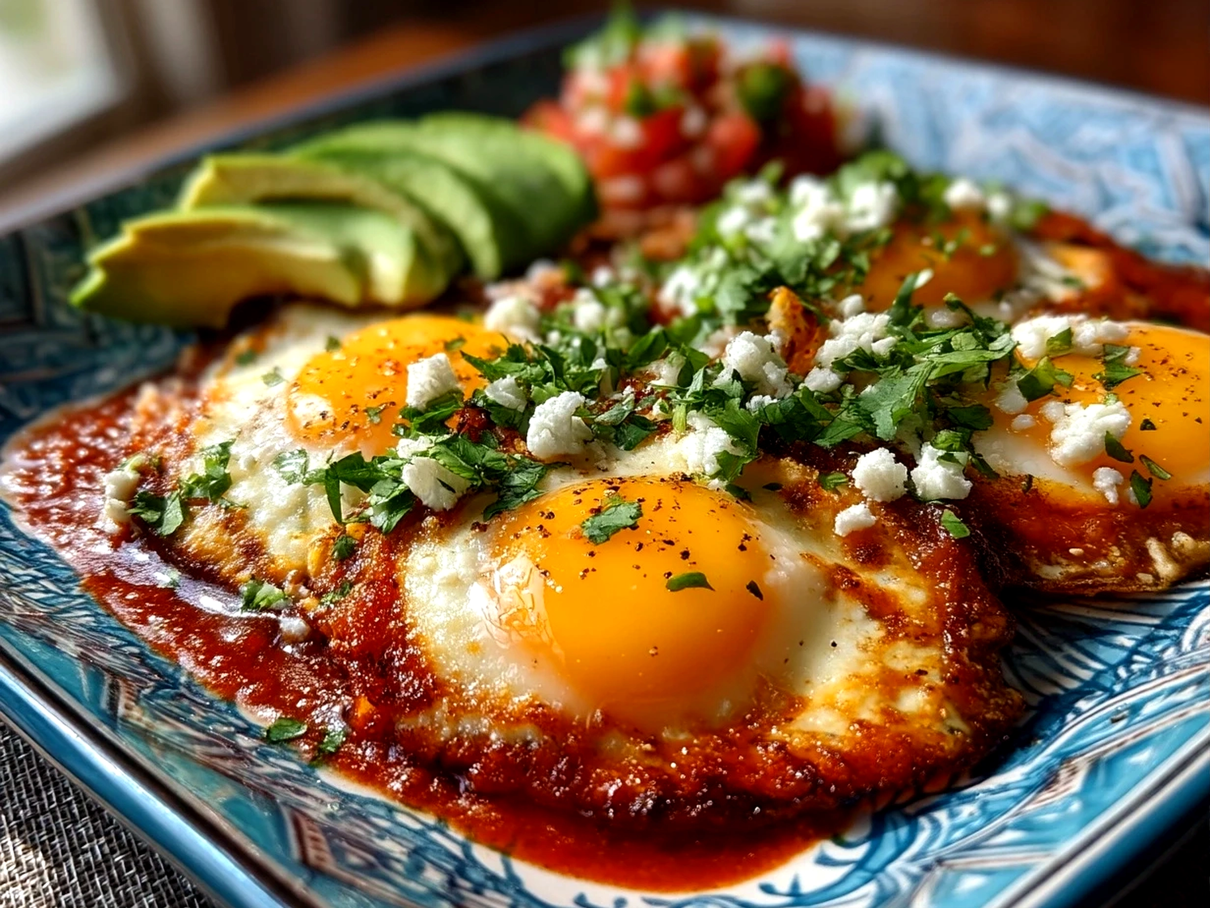 Close-up of finished Huevos Rancheros served on plate ready to eat