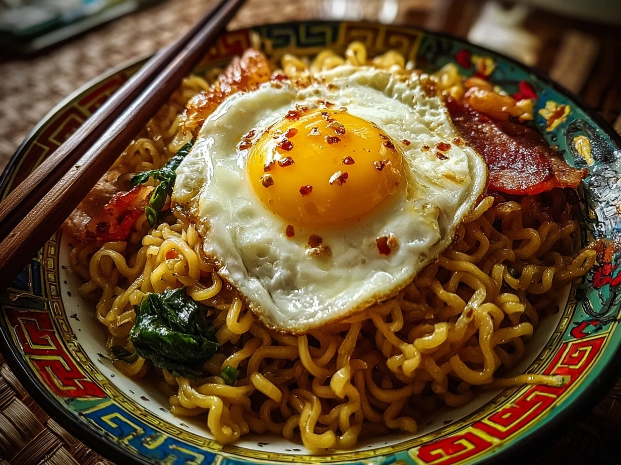 Close up of finished Instant Noodles with Egg Butter Garlic, creamy and garnished