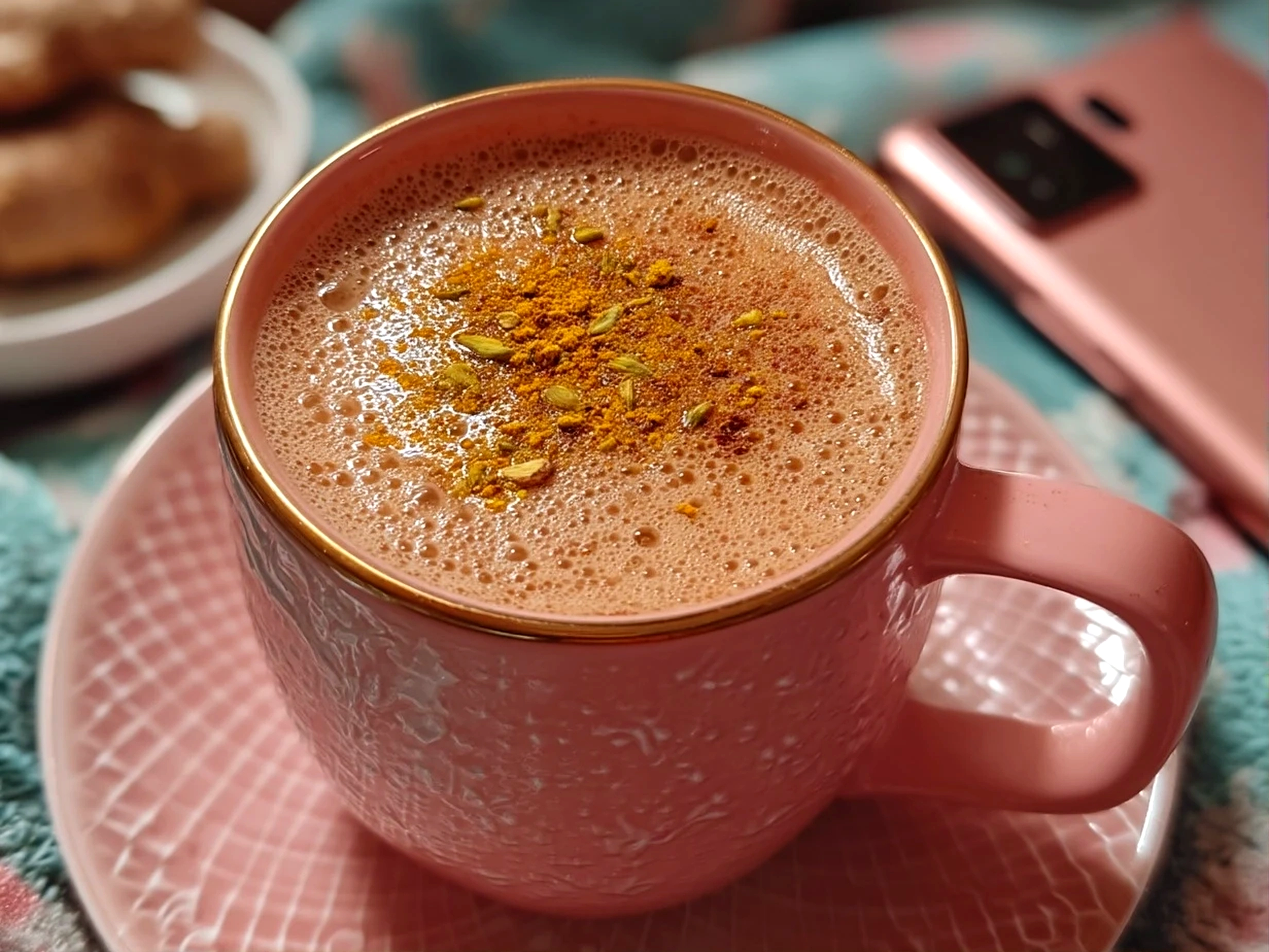Finished Kashmiri Pink Chai close-up served in a glass cup