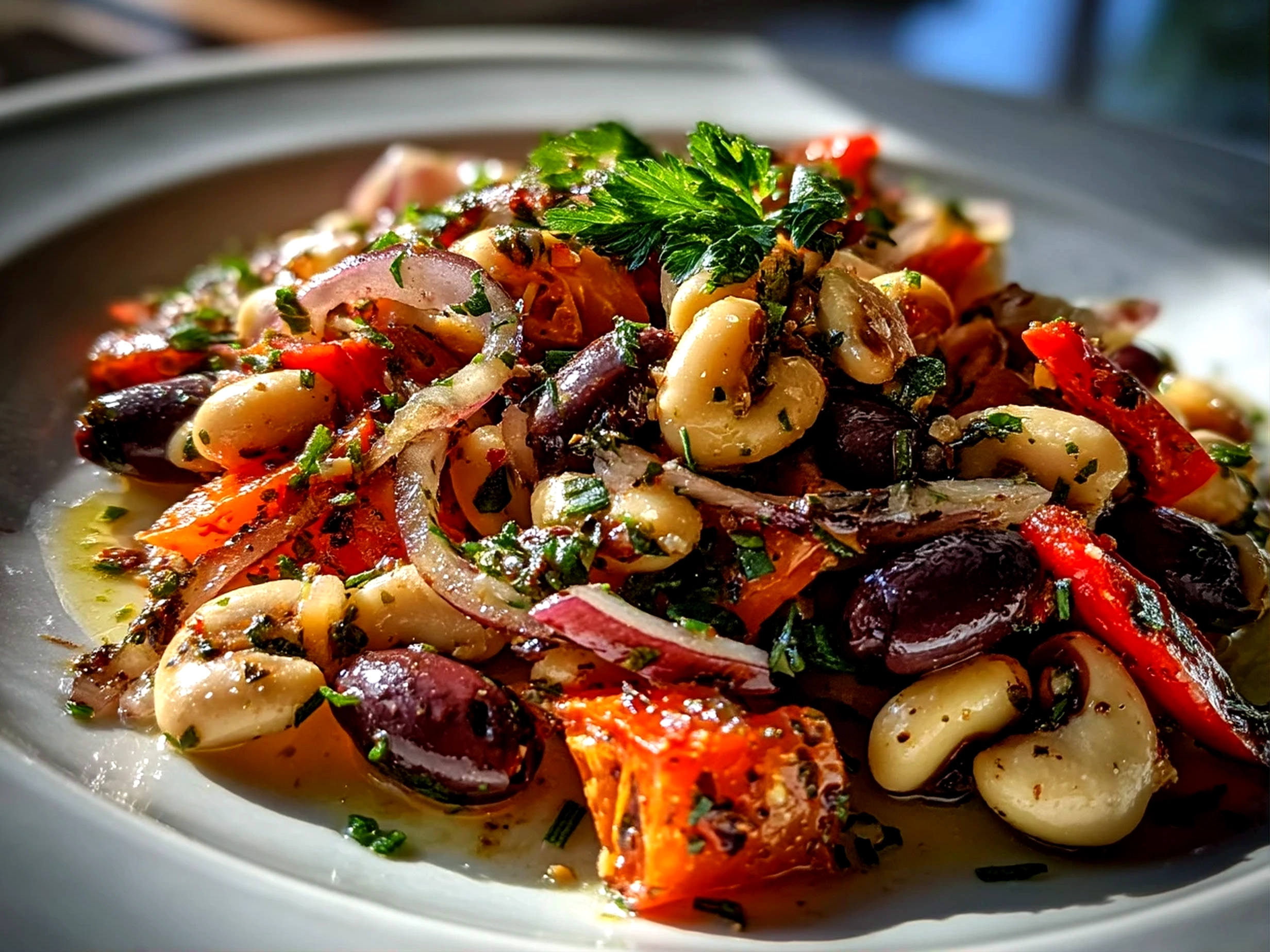 Close-up of a colorful Mediterranean Olive Salad with Black Eyed Peas served in a bowl