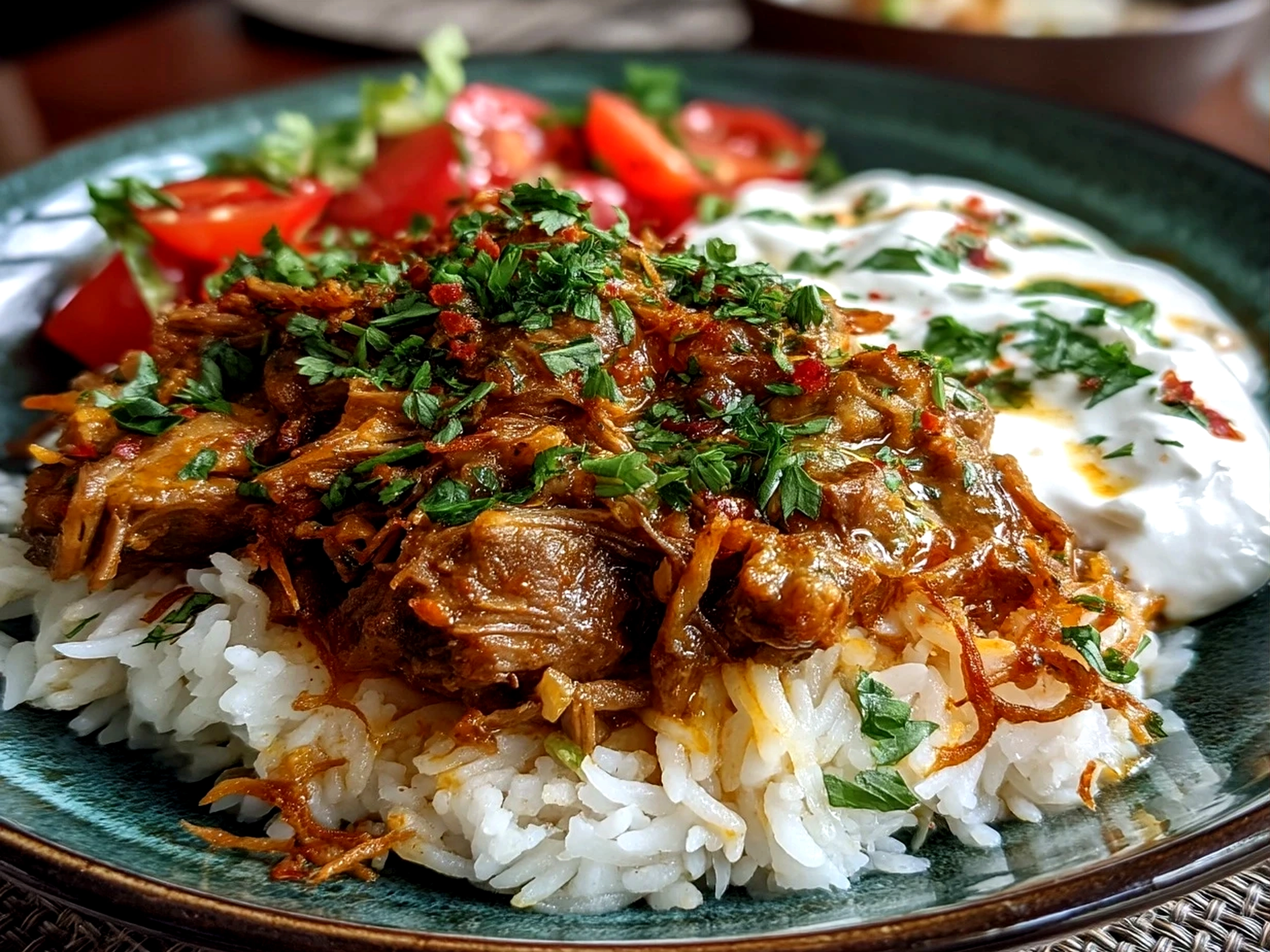Finished One Pot Lamb Kalya with Yogurt and Cream served in a bowl with garnish