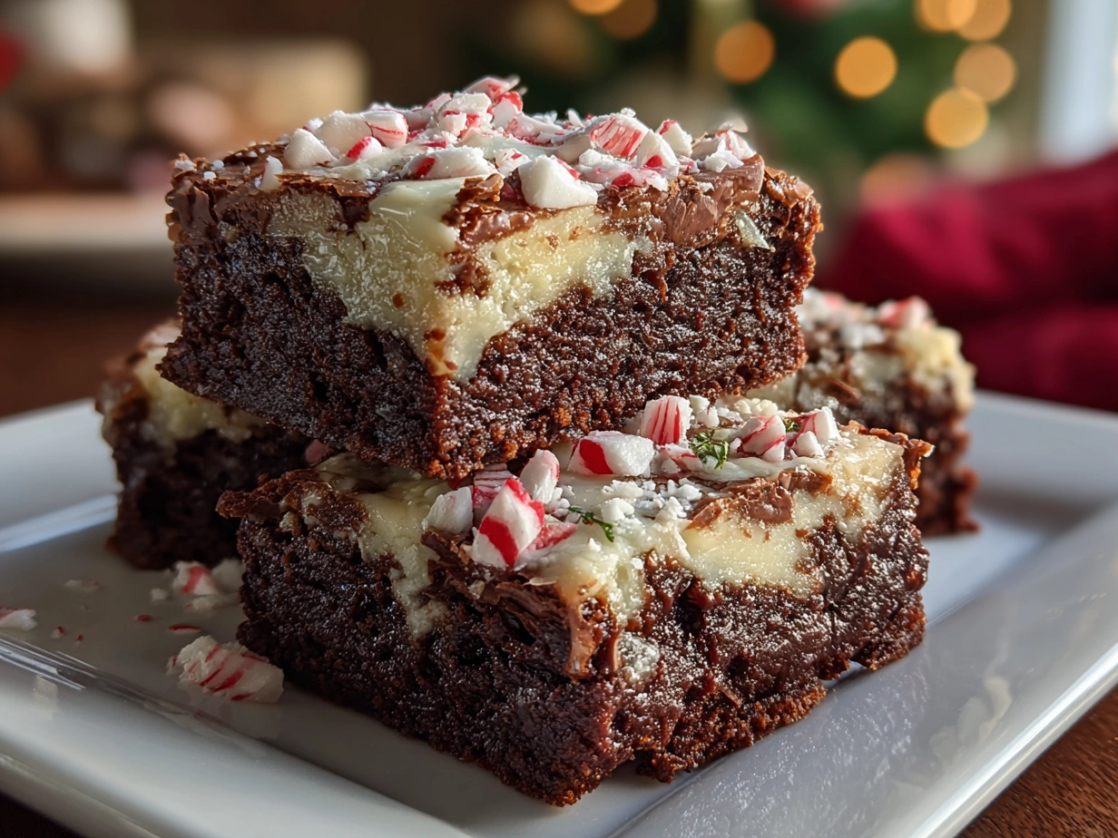 Finished Peppermint Bark Brownies, cut into squares and topped with melted white chocolate and crushed peppermint candies.