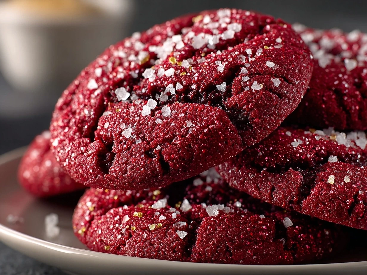 Close-up of freshly baked Red Velvet Sugar Cookies showing their rich red color and soft texture