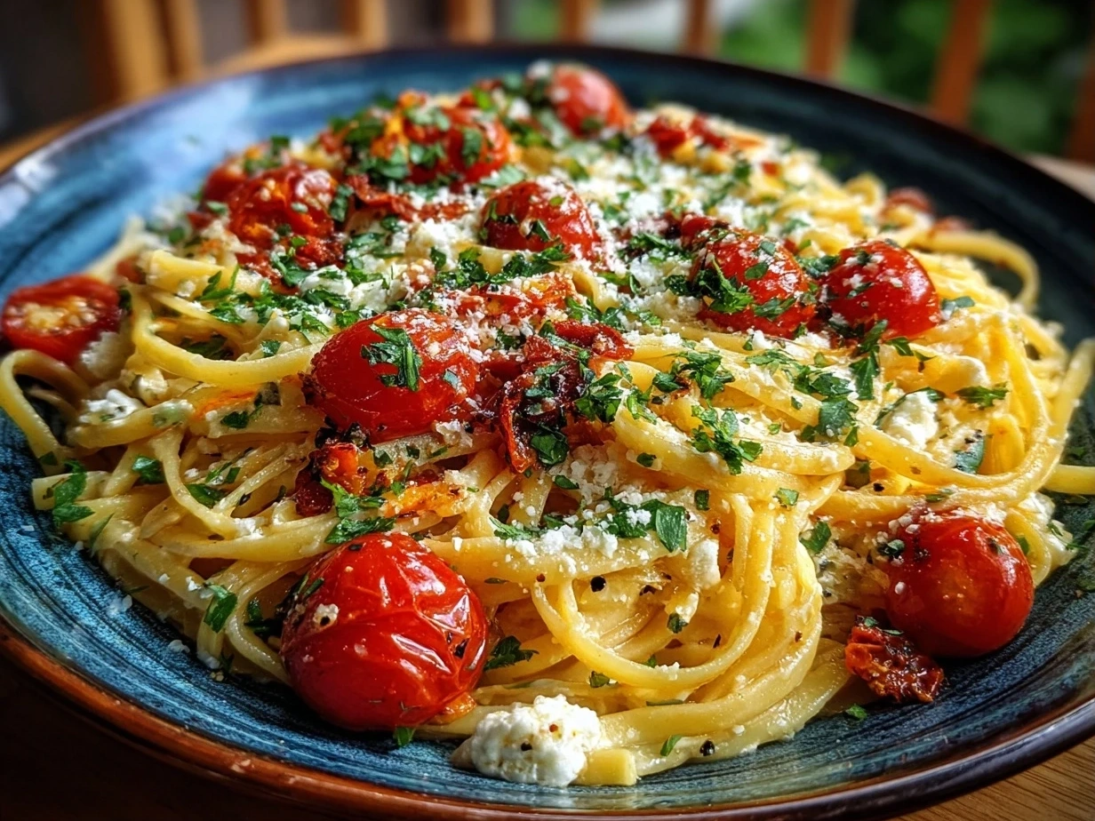 Close-up of finished roasted tomato ricotta pasta dish garnished with fresh basil